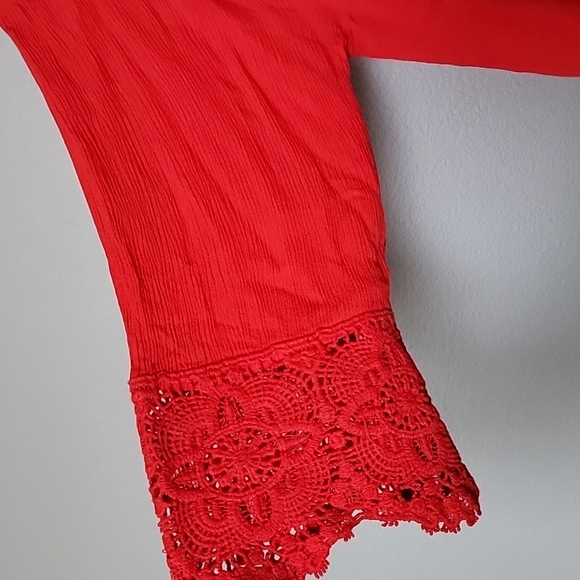 Chelsea & Theodore XXL Tomato Girl Boho Gauze Off shoulder lace trim sleeve top - Picture 2 of 5